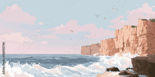 Vector illustration of a scenic rocky coastline with crashing waves and pink sunset clouds.