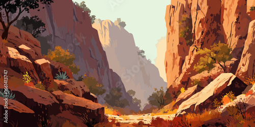 A stylized digital illustration of a sunlit red rock canyon with towering cliffs and a winding path.