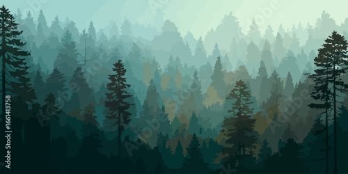 Misty mountain forest landscape with layered evergreen tree silhouettes in a cool, serene palette.
