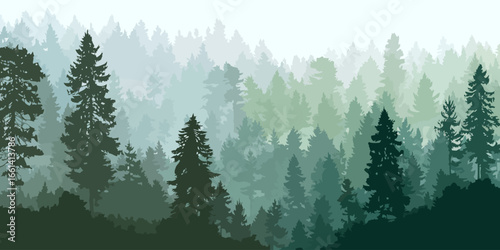 Layered silhouette of a misty pine forest landscape with evergreen trees in muted green and blue tones.