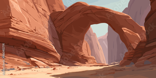 Stylized vector illustration of a majestic red rock arch formation in a desert canyon landscape.