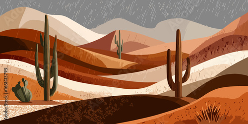 A stylized desert landscape with saguaro cacti and rolling hills under a rainy gray sky.