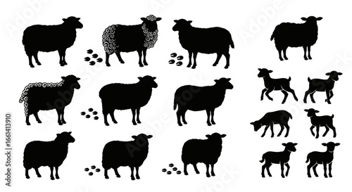 Silhouetted sheep and goats in various poses, arranged on a white background.