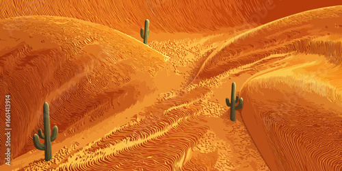 A stylized desert landscape with textured orange sand dunes and saguaro cacti.