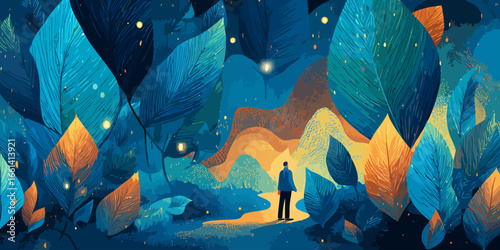 Solitary figure on a glowing path through a magical forest of giant, stylized blue and orange leaves.