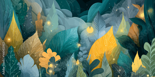 A dense, magical forest of stylized leaves in teal and gold, illuminated by glowing fireflies at night.
