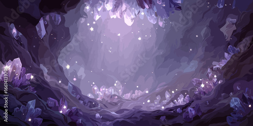 Enchanting purple crystal cave with glowing amethyst formations and sparkling light particles.