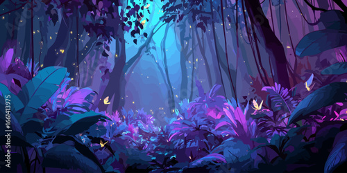 A vibrant, magical forest at night with glowing fireflies, lush purple and blue foliage, and a mysterious, ethereal glow.
