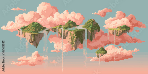 Dreamy landscape of floating green islands with waterfalls suspended in a pink cloudy sky.