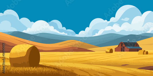 Peaceful autumn harvest landscape with a red barn, golden hay bales, and rolling hills.