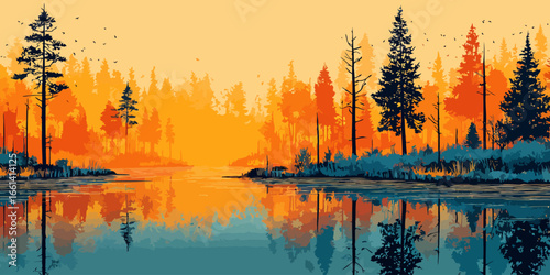 Vibrant vector illustration of a pine forest reflected in a calm lake during a warm, golden sunset.