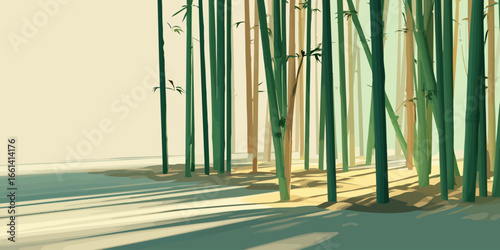 Stylized illustration of a tranquil bamboo forest with sunlight casting long shadows.