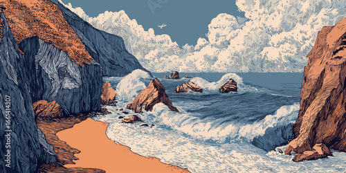 Dramatic coastal landscape in a vintage woodcut style with powerful ocean waves crashing on a rocky shore.