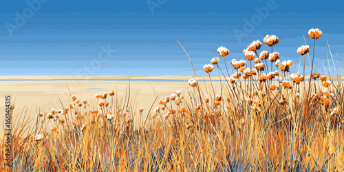 Orange and white wildflowers with fluffy tops in a dense field of golden autumn grass.