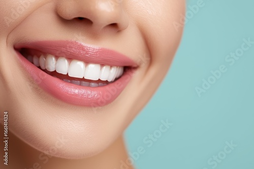 Close-up of smiling woman mouth with perfectly white teeth and natural pink lips, dental care and oral hygiene concept, isolated on pastel blue background
