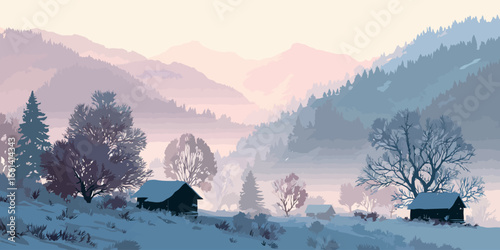 Peaceful winter mountain valley with foggy forests and rustic cabins at sunrise.