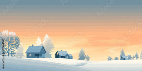 Peaceful winter village landscape with cozy blue houses nestled in snow-covered hills at sunset.