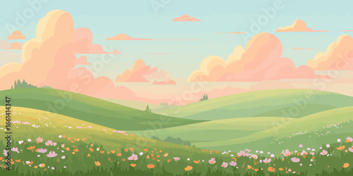 Serene cartoon landscape of rolling green hills, a wildflower meadow, and soft pastel clouds at sunset.