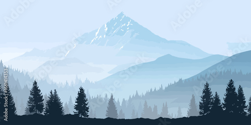 Serene panoramic view of a misty blue mountain range with layered hills and pine forest silhouettes.