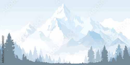 Serene panoramic illustration of a foggy mountain landscape with snow-covered peaks and a silhouetted pine forest.