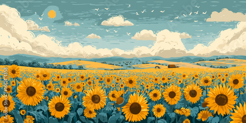 A stylized illustration of a vast golden sunflower field under a partly cloudy sky with distant rolling hills.