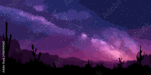 Stylized desert landscape silhouette with cacti under a vibrant purple and pink starry night sky.