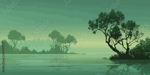 Serene green landscape illustration with silhouetted trees reflected in calm, misty water.