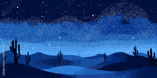 Serene desert night landscape with silhouetted saguaro cacti under a vast, stippled starry sky in deep blue tones.
