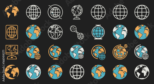 Collection of diverse globe icons, various styles and elements, representing global connections and technology.