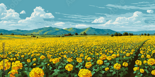 Illustrated rural landscape of a vast yellow flower field with distant mountains.