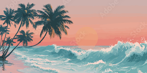 Stylized tropical beach landscape with silhouetted palm trees and ocean waves at sunset.