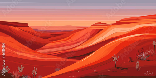 Stylized panoramic illustration of a vast red rock desert canyon at sunset.