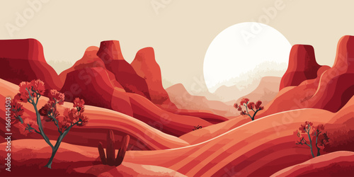 Vibrant red desert landscape illustration featuring stylized sandstone canyons, rolling hills, and a bright sun.