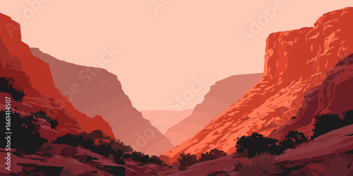 Vibrant Red Rock Canyon Gorge with Layered Cliffs in a Minimalist Graphic Style.