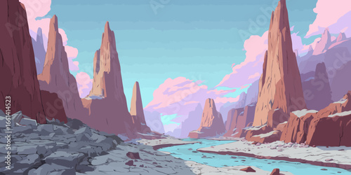 Stylized digital illustration of a rocky canyon with towering spires, a winding river, and a pastel pink sky.