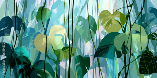 Lush abstract jungle of Monstera leaves in cool green and blue hues.