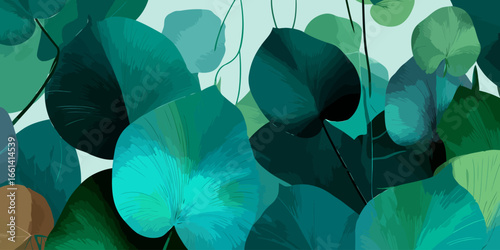 Painterly illustration of overlapping tropical leaves in vibrant shades of green and teal.