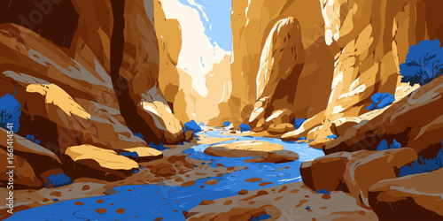 Stylized illustration of a sunlit desert canyon with a vibrant blue river and foliage.
