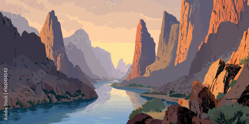 Dramatic canyon landscape with a winding river, illustrated in a flat vector style with warm sunset light.