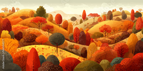 Warm Autumnal Landscape Illustration with Stylized Trees on Rolling Golden Hills