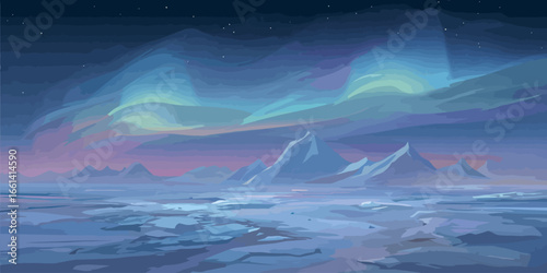 A colorful aurora borealis illuminates a vast, frozen arctic landscape with jagged mountains.