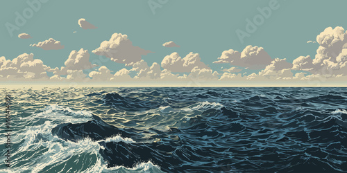 Expansive ocean seascape with turbulent blue waves and a cloudy sky in a graphic style.