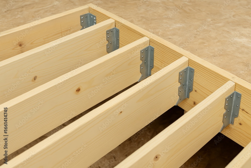 Obraz premium Wood floor joists secured with metal hangers during construction