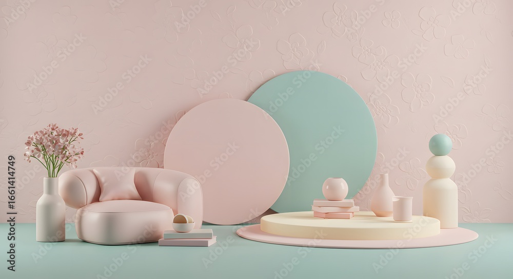 Fototapeta premium Minimalist Pastel Room with Embossed Gardenia Textures