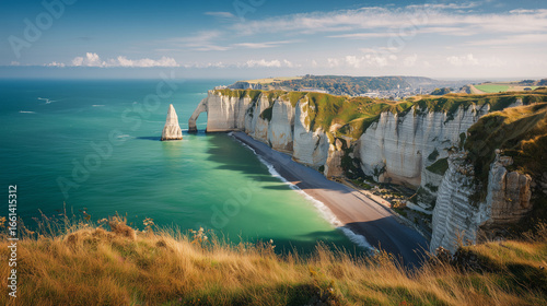 A breathtaking panoramic view of the cliffs of Étretat, Normandy, France, with the iconic natural arch rising above the turquoise sea