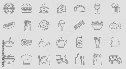 Diverse collection of delicious food and drink icons for culinary projects and menus