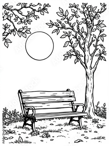 Minimilist illustration of a park bench under a tree with a circle in the sky for coloring book page use vector