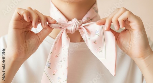 A delicate, light pink scarf with dainty floral embroidery is tied around a person's neck, showcasing a soft, feminine style.