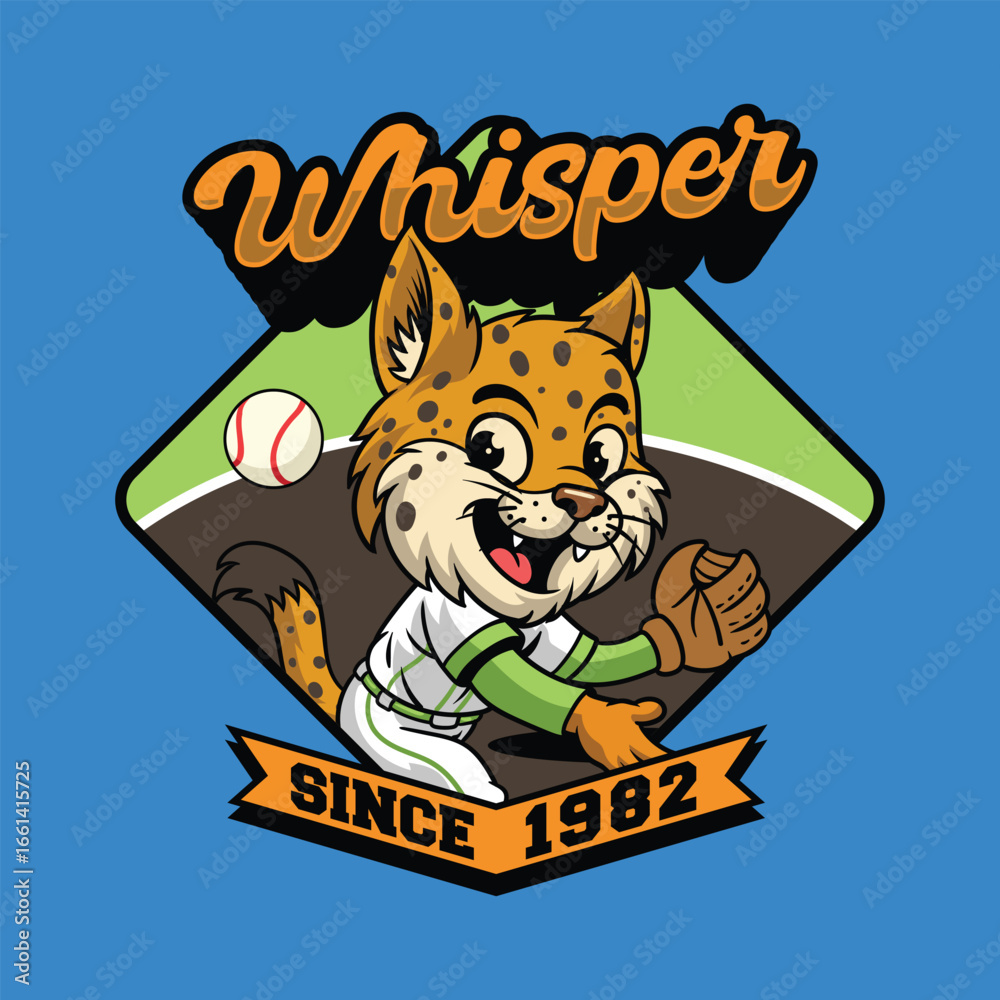 Fototapeta premium Cute Linx in a baseball uniform running joyfully with a glove in cartoon emblem illustration