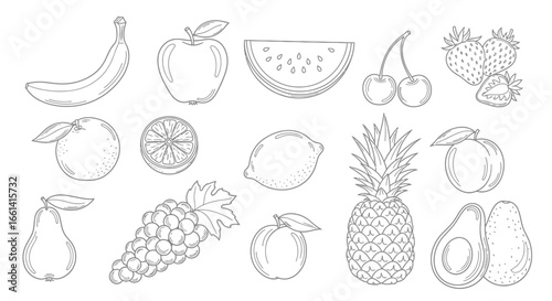 Line art illustration featuring an assortment of fruits including banana, apple, watermelon, cherries, strawberries, orange, lemon, pineapple, peach, pear, grapes, and avocado.